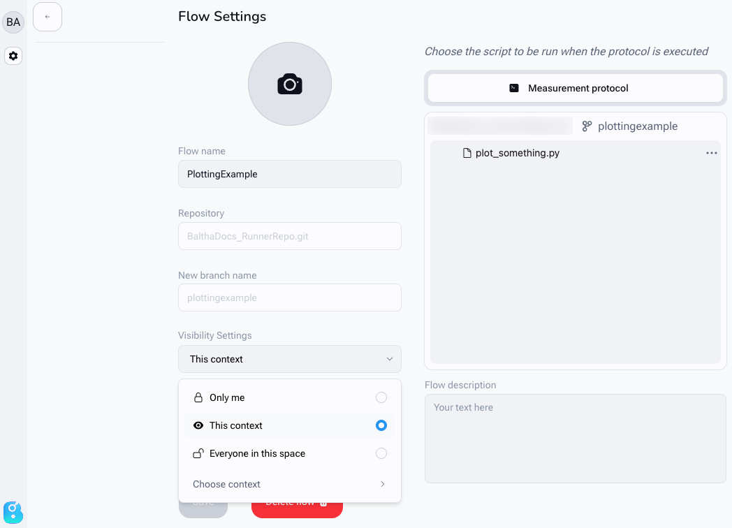 Flow Settings page with the Visibility Settings dropdown open