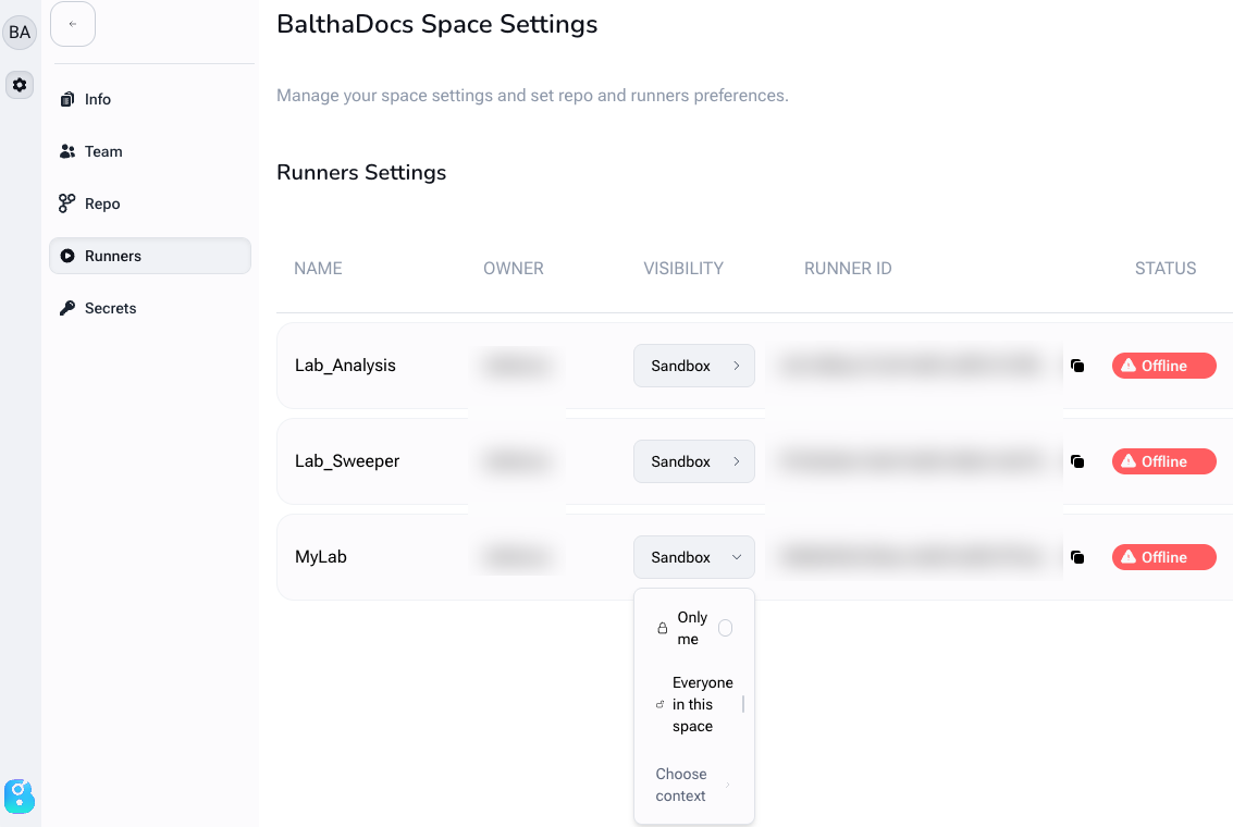 Space Settings Runners table with a visibility dropdown open