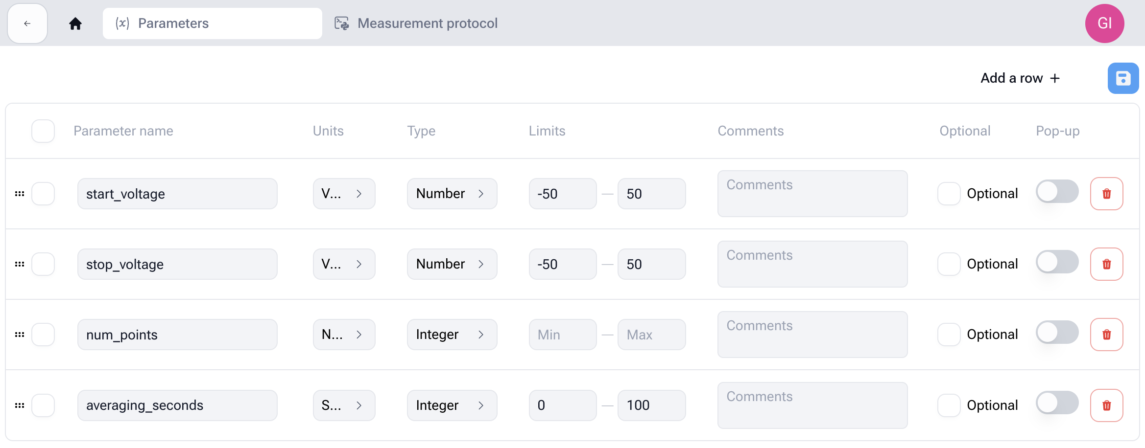 Defining each Input's type and unit in the Parameters tab