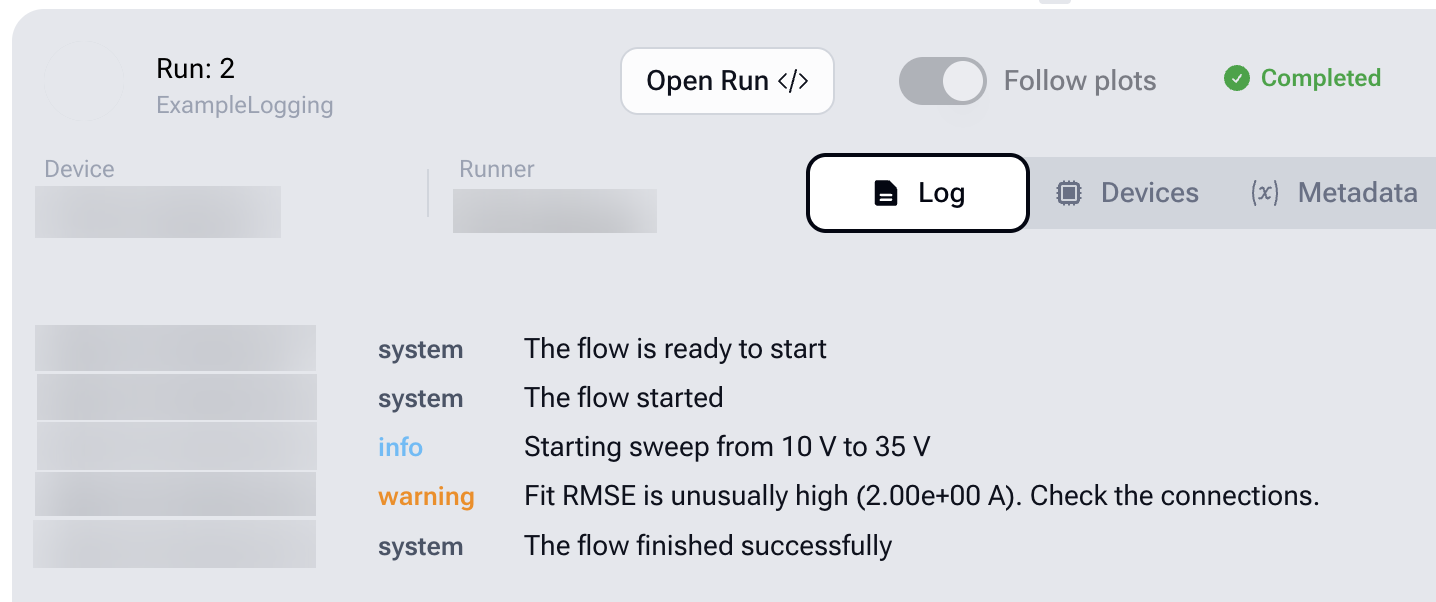 Run log with info and warning entries